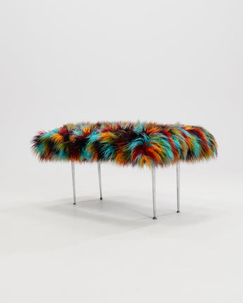 Vintage Bench with Metal Legs and Multicolored Fur-Style Upholstery,1990s