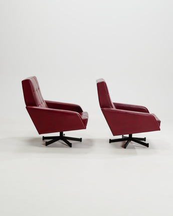 Pair of Vintage Lounge Armchairs  Burgundy Skai Rockabilly Chairs, 50s